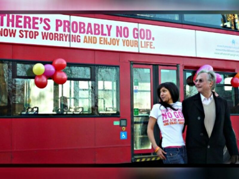 Atheist Richard Dawkins and bus campaign creator Ariane Sherine in London
