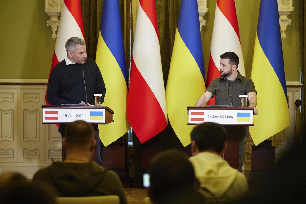 Austrian Chancellor Karl Nehammer and Ukrainian President Volodymyr Zelensky during a joint press conference following bilateral discussions
