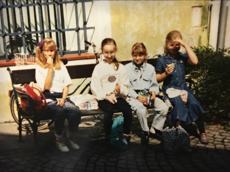 Author Tanja Hofbauer (right) visiting Hitler's birth house with her classmates in 1995