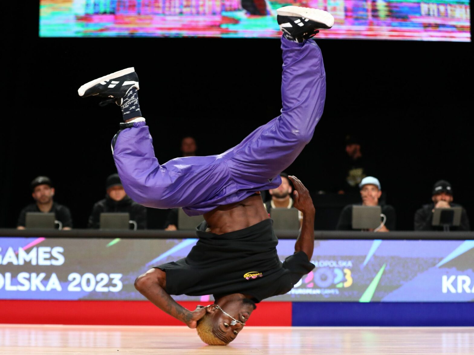 B-Boy DANY DANN of Team France beats B-Boy MENO of Team Netherland in the Breaking Men's Gold Medal Battle at the European Games 2023 in Nowy Sacz, Poland.