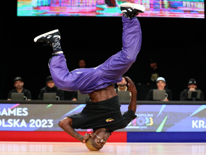 B-Boy DANY DANN of Team France beats B-Boy MENO of Team Netherland in the Breaking Men's Gold Medal Battle at the European Games 2023 in Nowy Sacz, Poland.