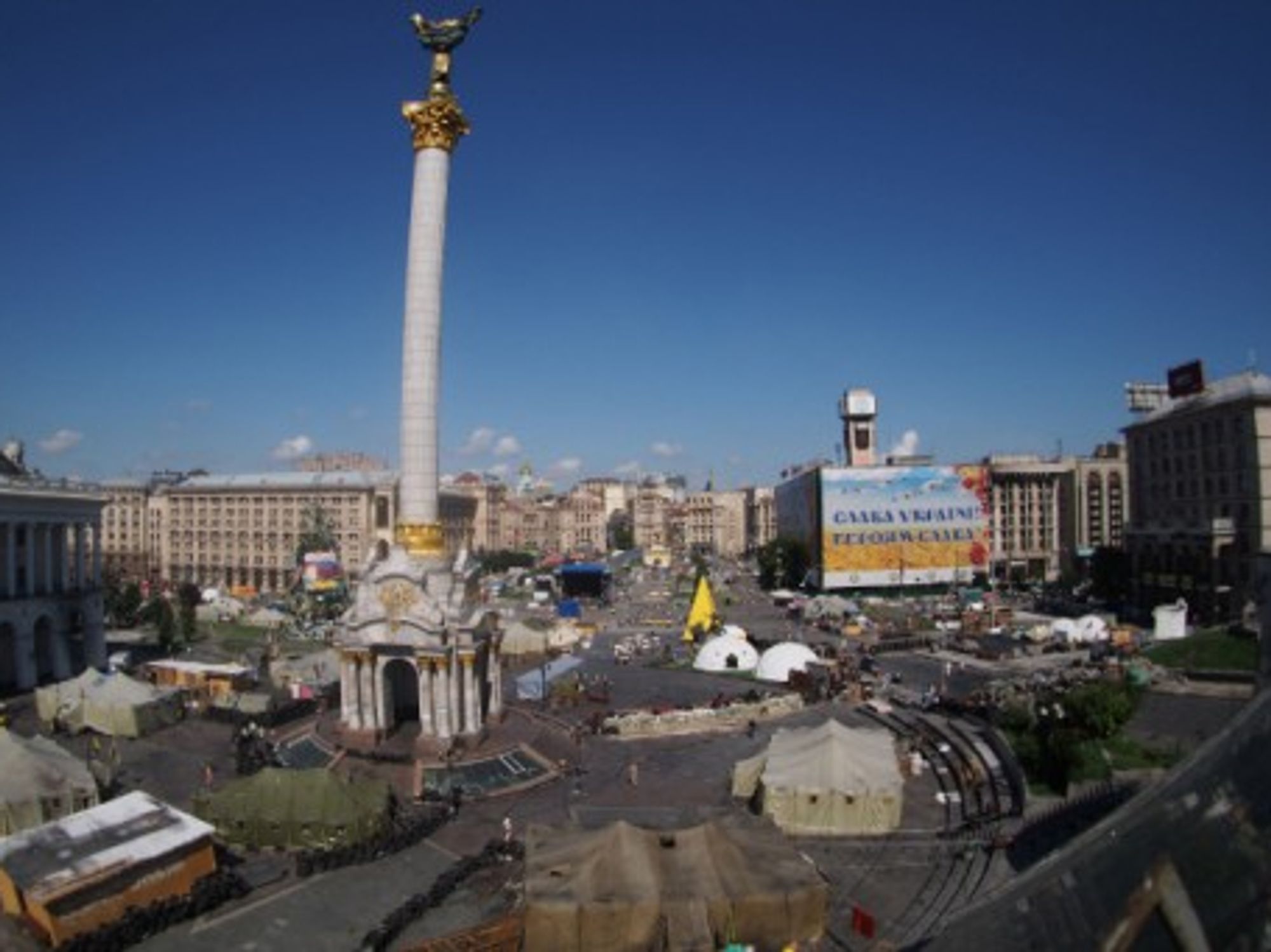Barricades and tents at Maidan Square in Kiev, on July 14, 2014.