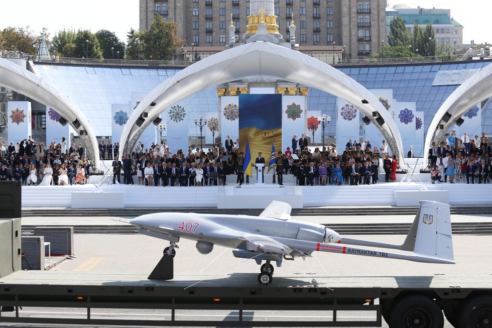 Bayraktar TB2 drone is seen during the Ukrainian Independence Day parade in Kyiv