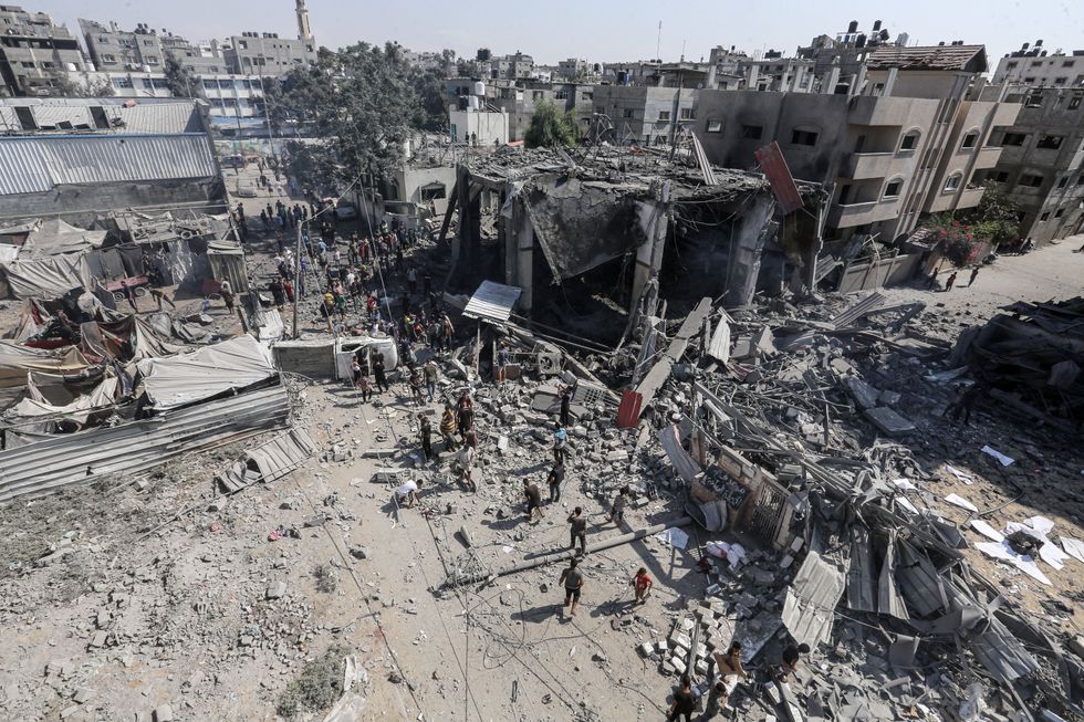 Bird-eye view of destruction at Al-Faruq Mosque after Israeli airstrikes on Al-Bureij camp, in central Gaza on September 10.