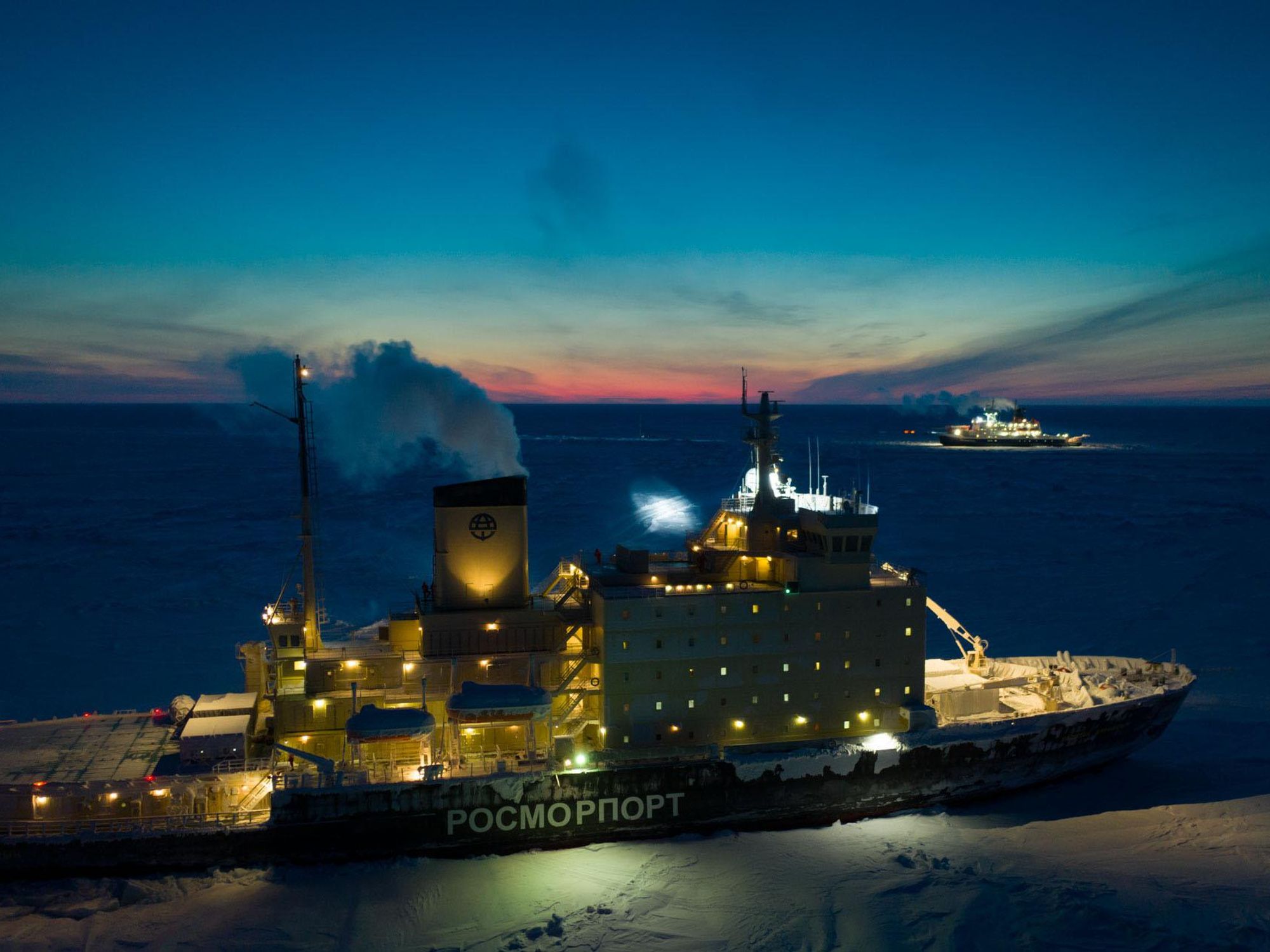 Bird's eye view of ​Russian icebreaker Kapitan Dranitsyn supplying research Polarstern in the Central Arctic Ocean.
