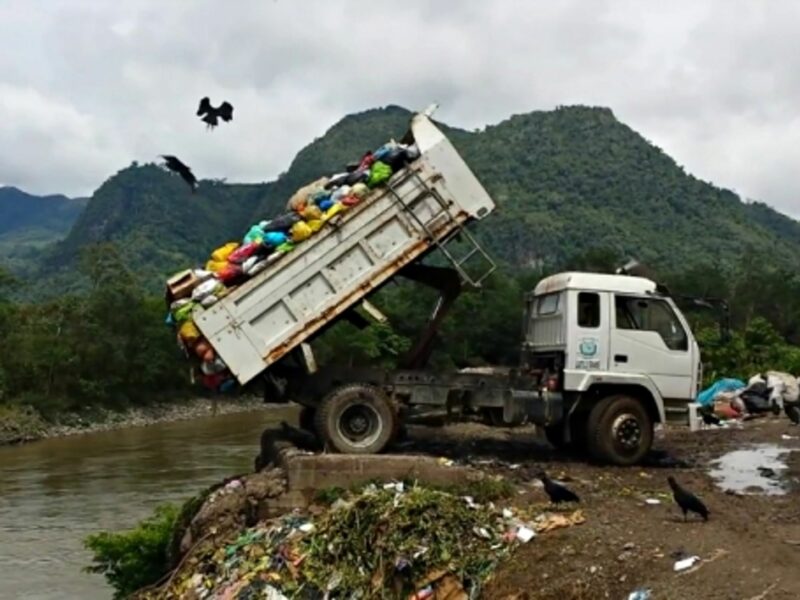 Birds flying a truck dumping waste in Tingo Maria, Peru