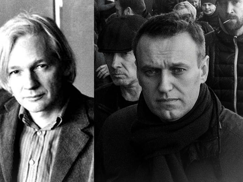 Black-and-white collage of Assange and Navalny