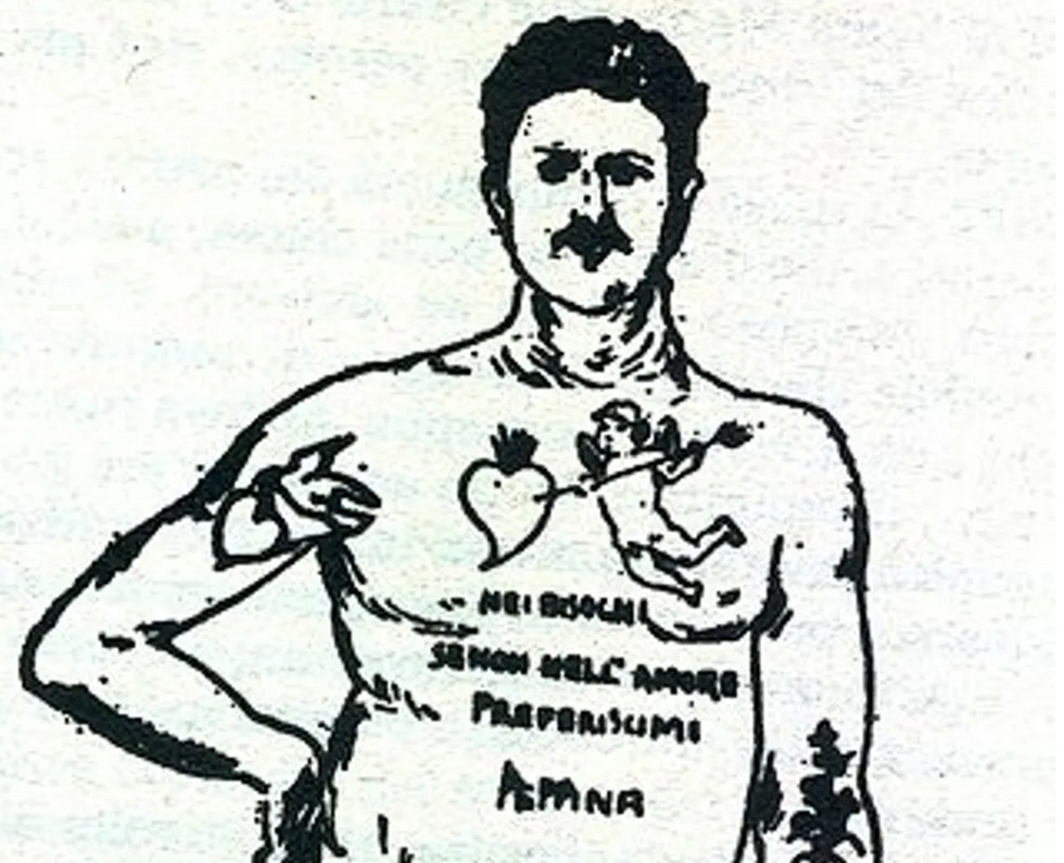 Black-and-white drawing of a Camorrista and his tattoos