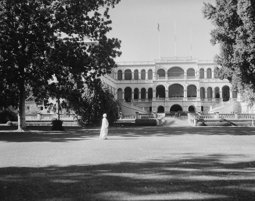 Black and white image of the presidential palace in Khartoum, Sudan.