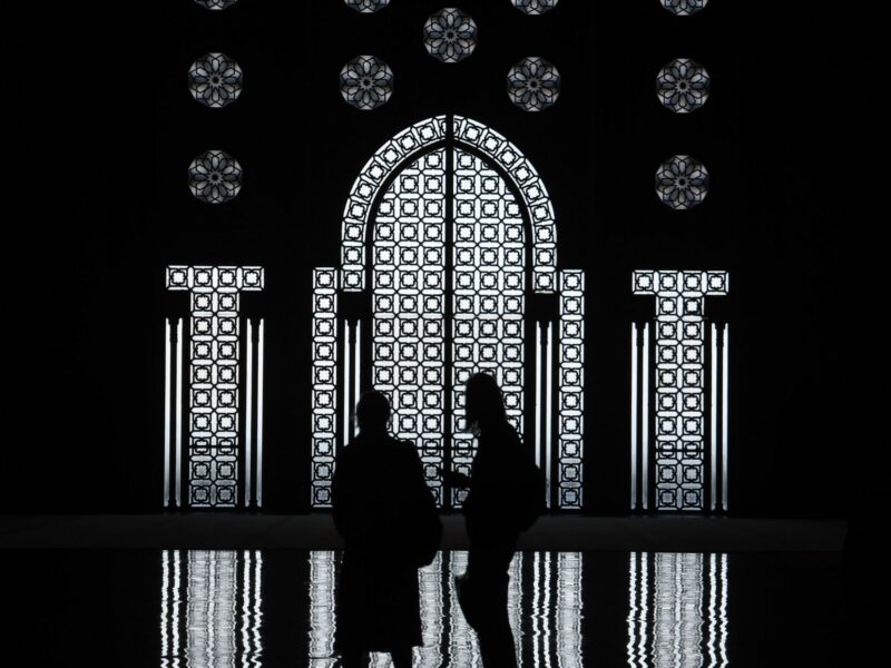 Black and white photo of the Hassan II Mosque in Casablanca, Morocco Wednesday March 4, 2020. Completed in 1993, it is the largest mosque in Africa and the only one in Morocco that non-Muslims are allowed to enter
