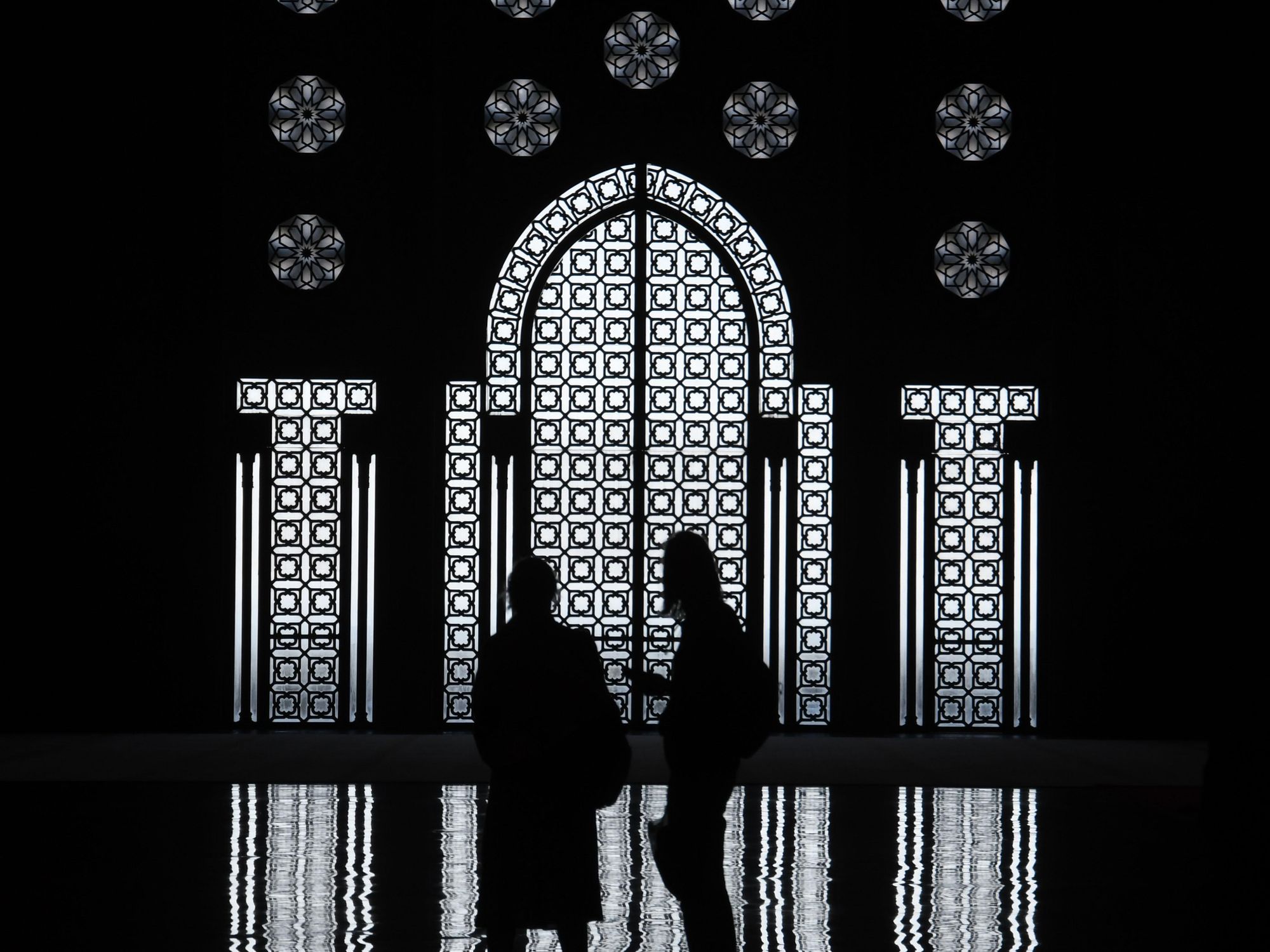 Black and white photo of the Hassan II Mosque in Casablanca, Morocco Wednesday March 4, 2020. Completed in 1993, it is the largest mosque in Africa and the only one in Morocco that non-Muslims are allowed to enter