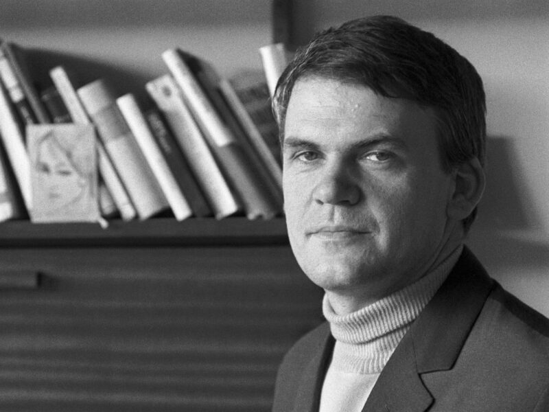 Black-and-white photograph of Czech-born writer Milan Kundera in May 1968, in Prague, Czechoslovakia.