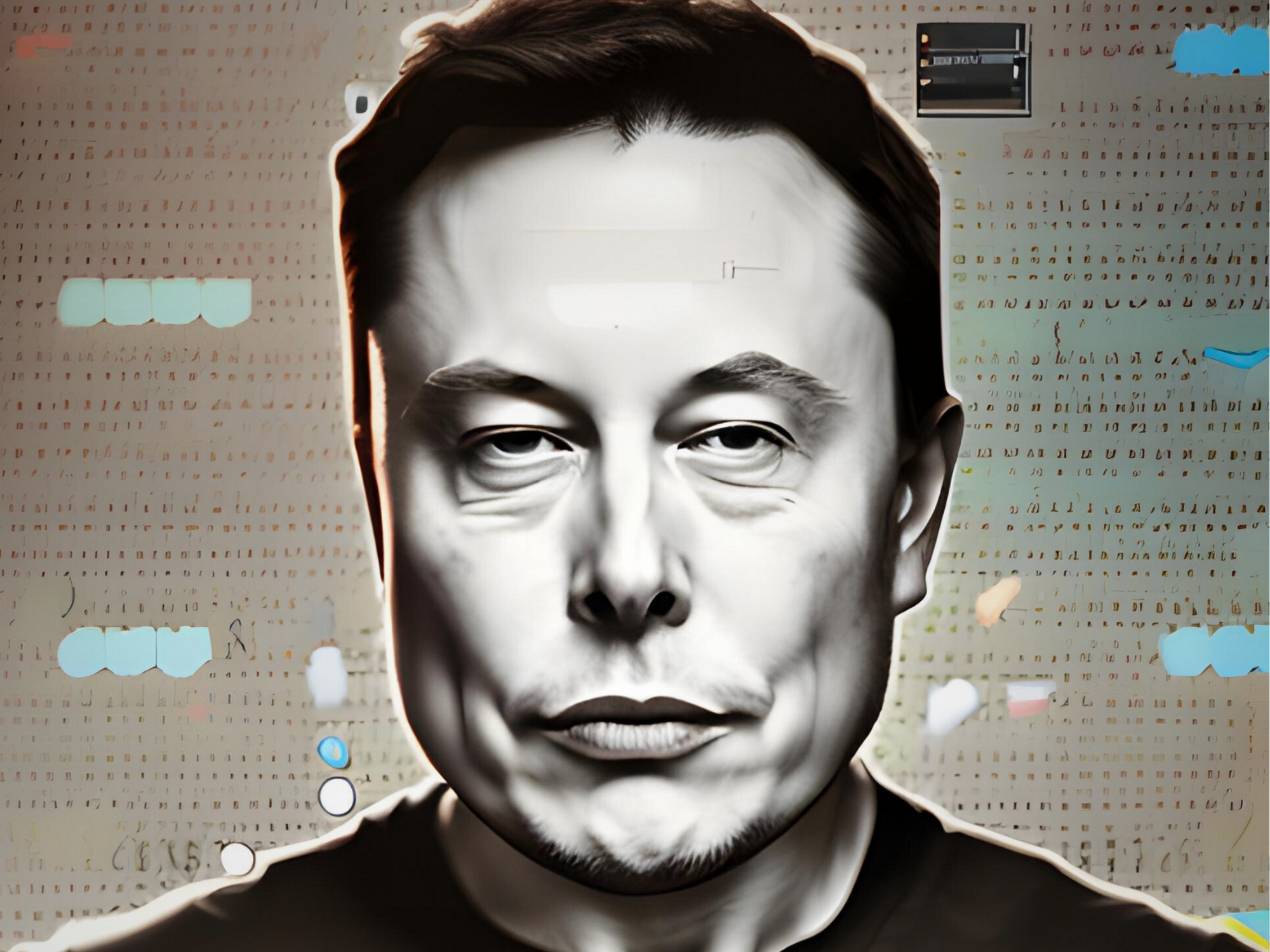 Black-and-white portrait of Elon Musk, with lines of code in the background