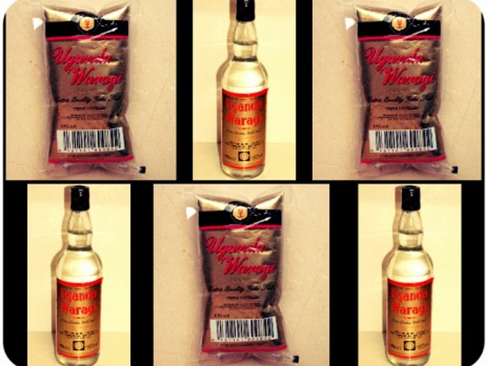 Bottles and pouches of Ugandan liquor