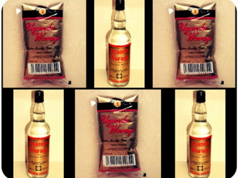 Bottles and pouches of Ugandan liquor