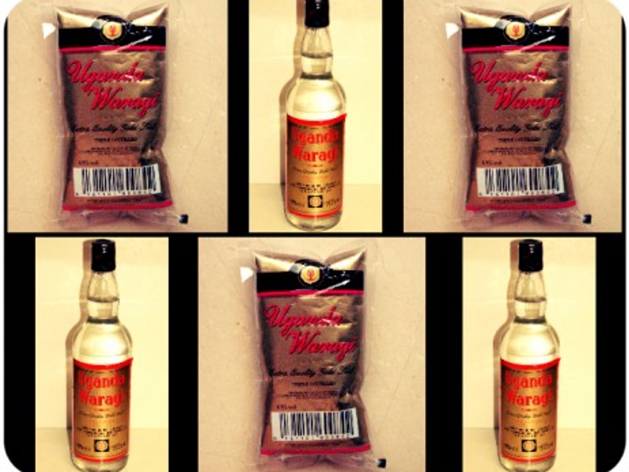 Bottles and pouches of Ugandan liquor