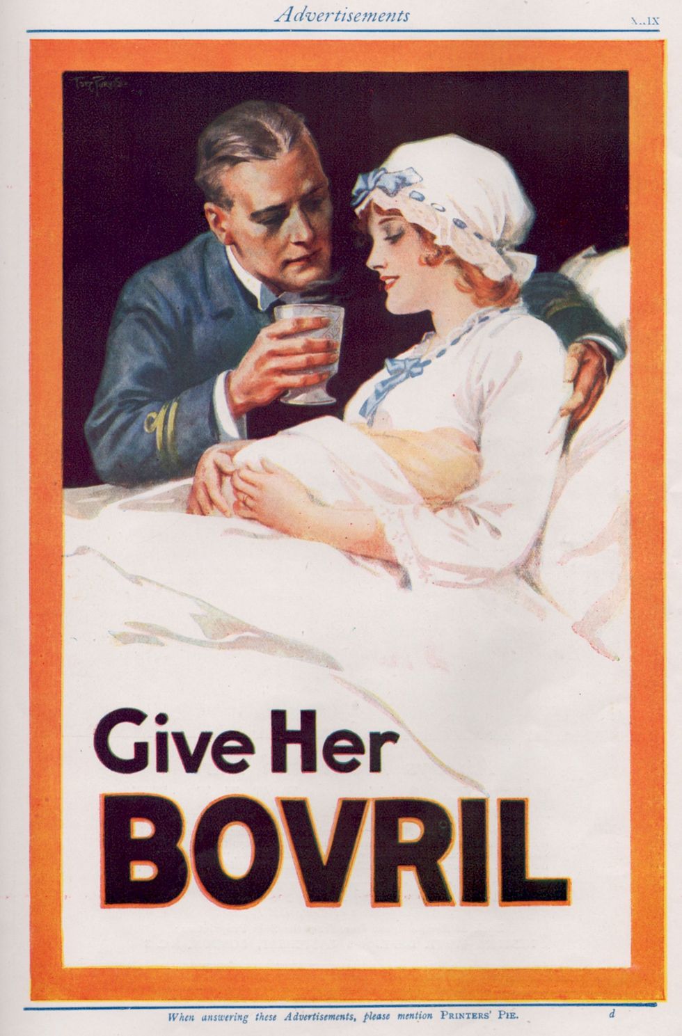 Bovril add with a woman in bed with her baby and her husband giving her a cup of Bovril