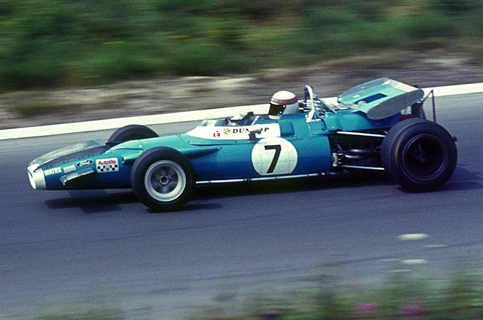 British racing driver Jackie Stewart at the Nürburgring circuit in 1969.