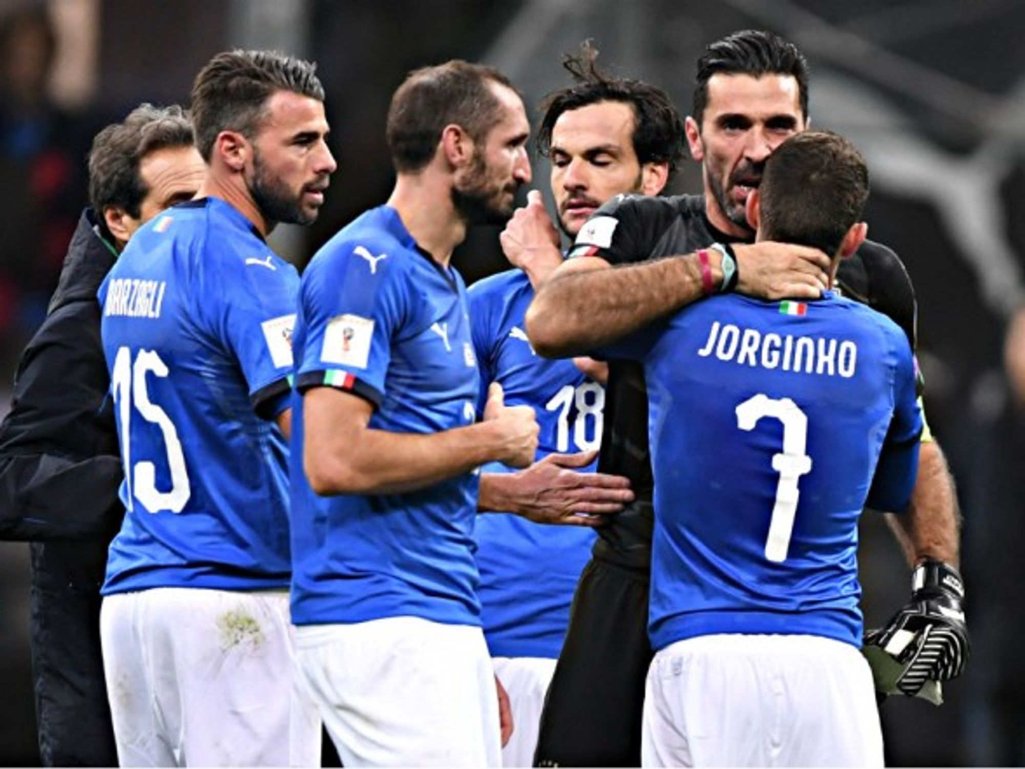 Buffon with his Italy teammates after World Cup elimination.