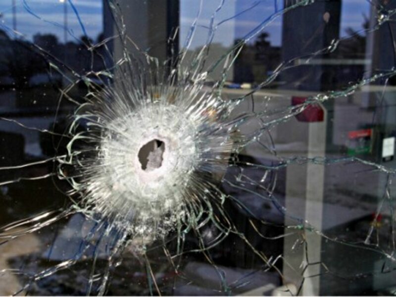 Bullet hole left by the Jan. 27 attack on Tripoli's Corinthia Hotel
