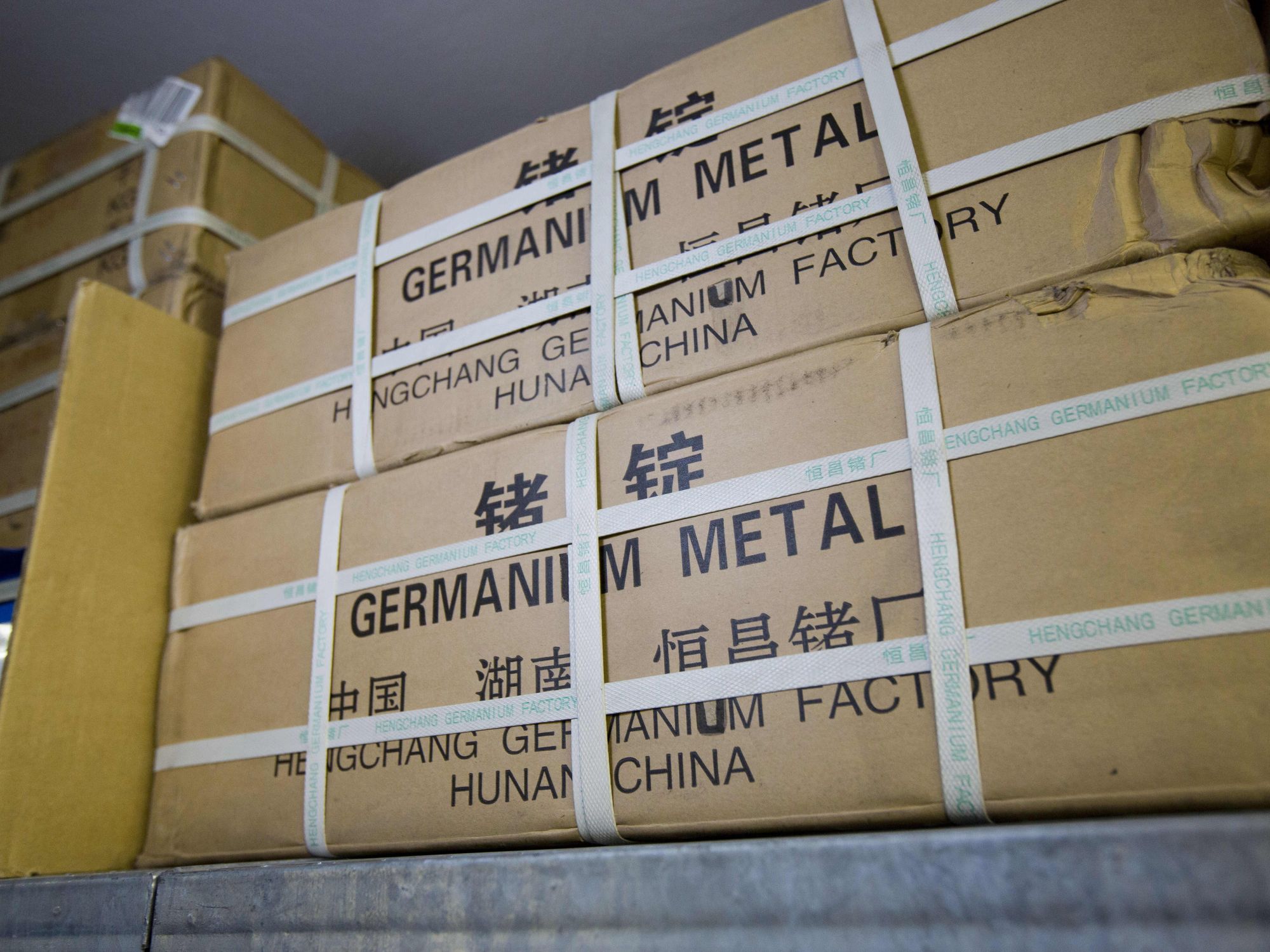 Cardboard boxes containing the metal germanium