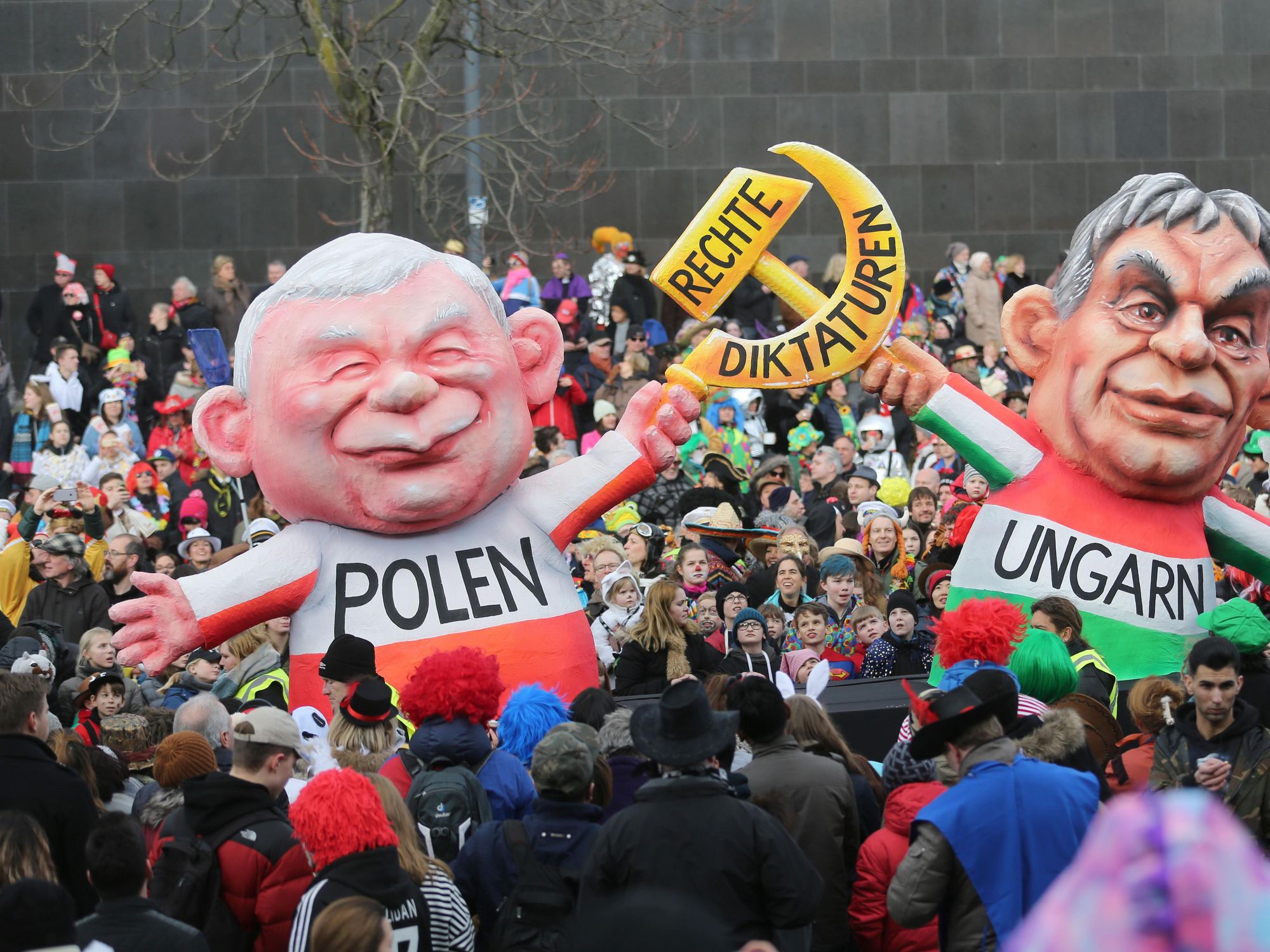 Caricature featuring Hungarian Prime Minister Viktor Orbán and Polish politician Jaroslaw Kaczynsk​i