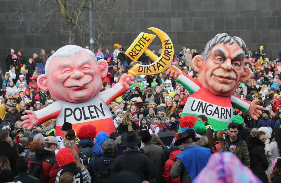 Caricature featuring Hungarian Prime Minister Viktor Orbán and Polish politician Jaroslaw Kaczynsk​i