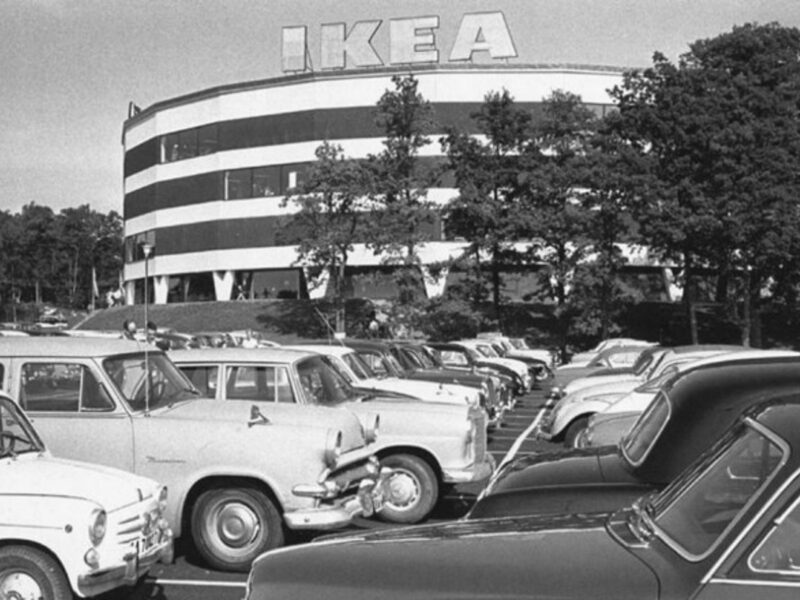 Cars parked outside the first IKEA store in Älmhult