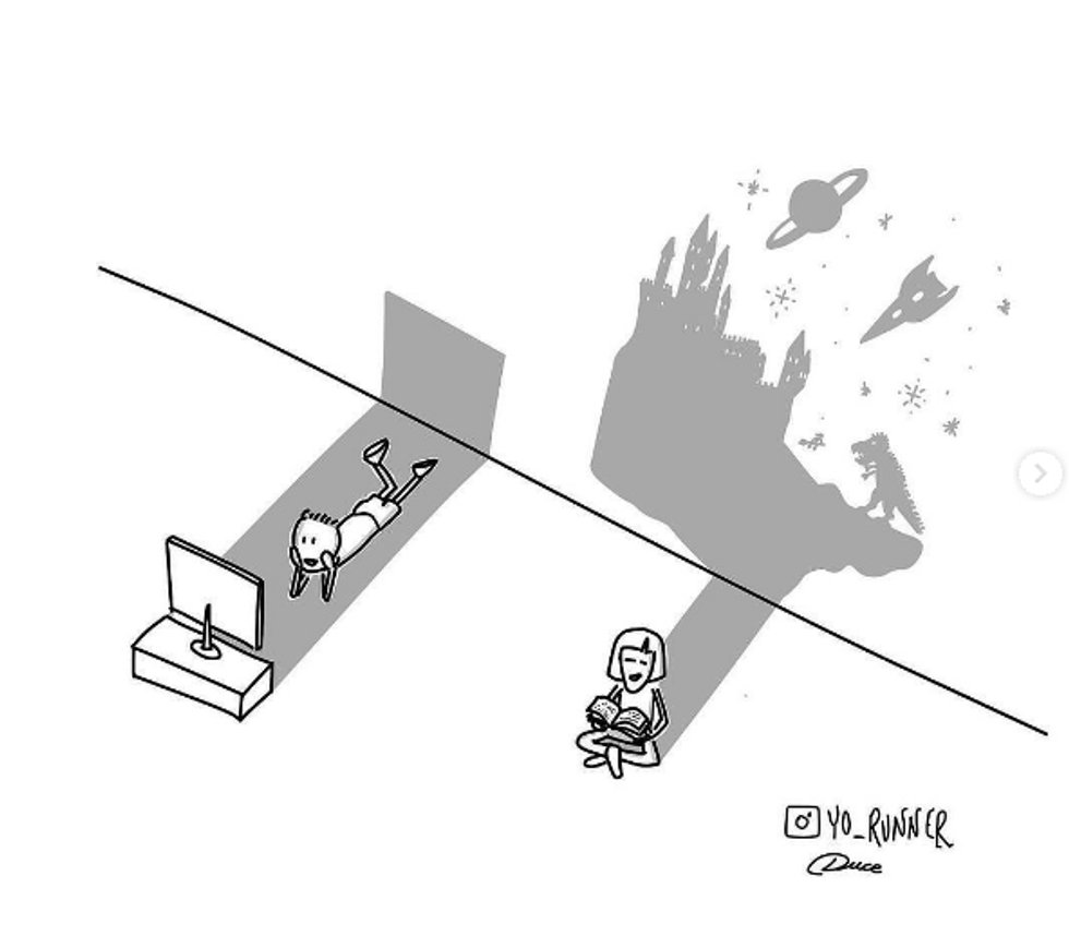 Cartoon showing two children, one watching TV projecting a simple shadow, another reading a book projecting a shadow with castles, rockets, dinosaurs