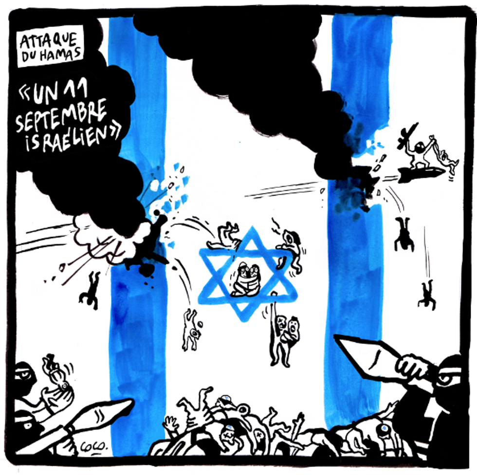 Cartoonist Corinne Rey, a.k.a. Coco, compares the weekend’s attacks on Israel to 9/11, pivoting the Israelian flag to turn its two blue stripes into the World Trade Center towers.
