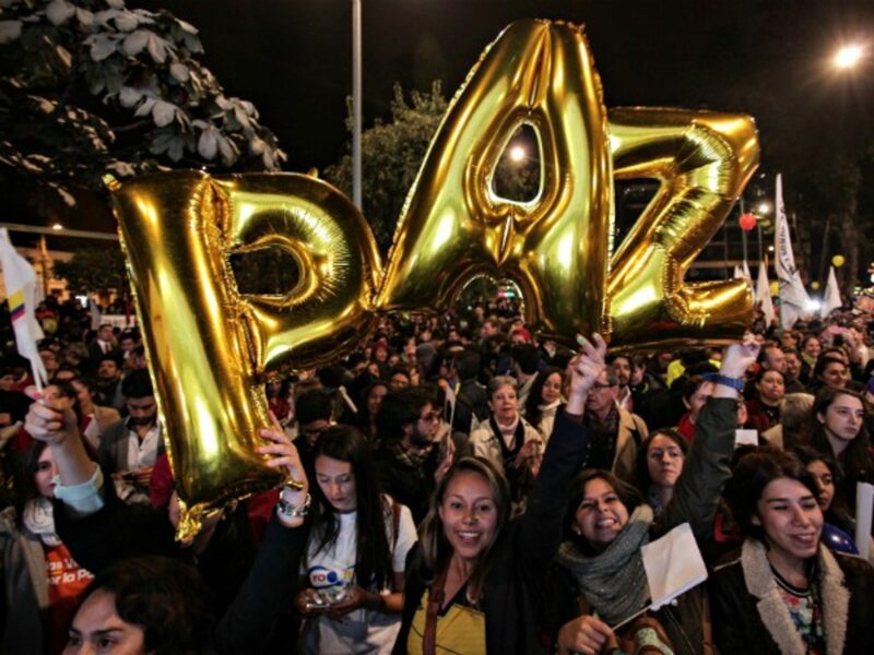 Celebrating the peace deal with balloons in Bogota on Aug. 24