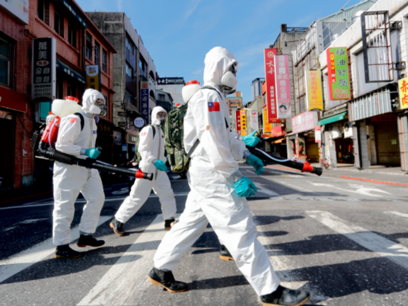 Chemical troops disinfect public areas of Wanhua District in Taipei, June 2021
