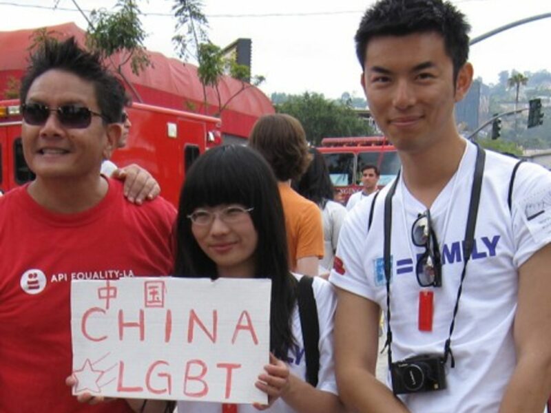 Chinese gay rights demonstrators in Los Angeles, California