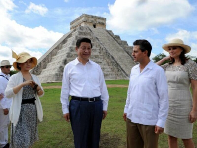 Chinese President Xi Jinping, accompanied by Mexican President Enrique Pena Nieto, visits Chichen Itza, an archaeological site of the Maya civilization in the Mexican state of Yucatan in June 2013