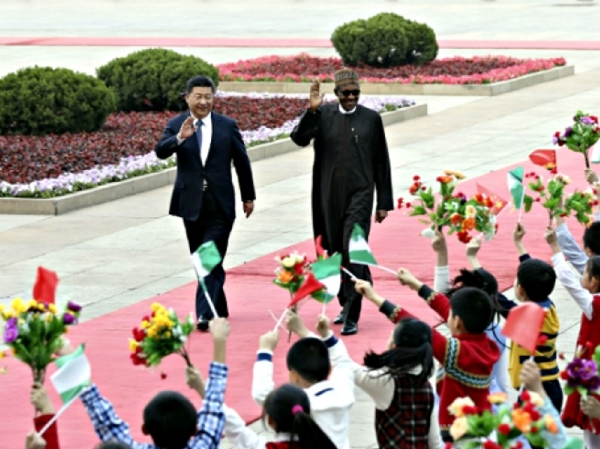 Chinese President Xi Jinping and Nigerian President Muhammadu Buhari in Beijing on April 12
