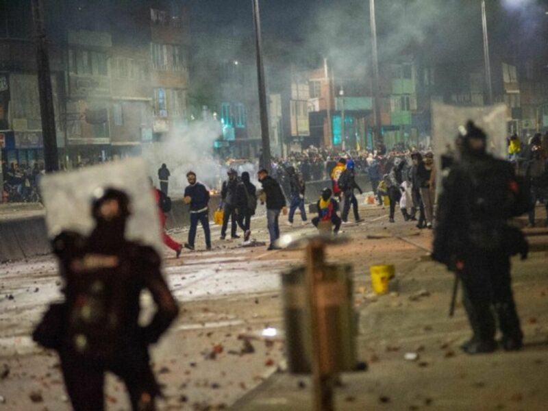 Clashes between protesters and riot police, in Bogota, Colombia, on April 30, 2021.