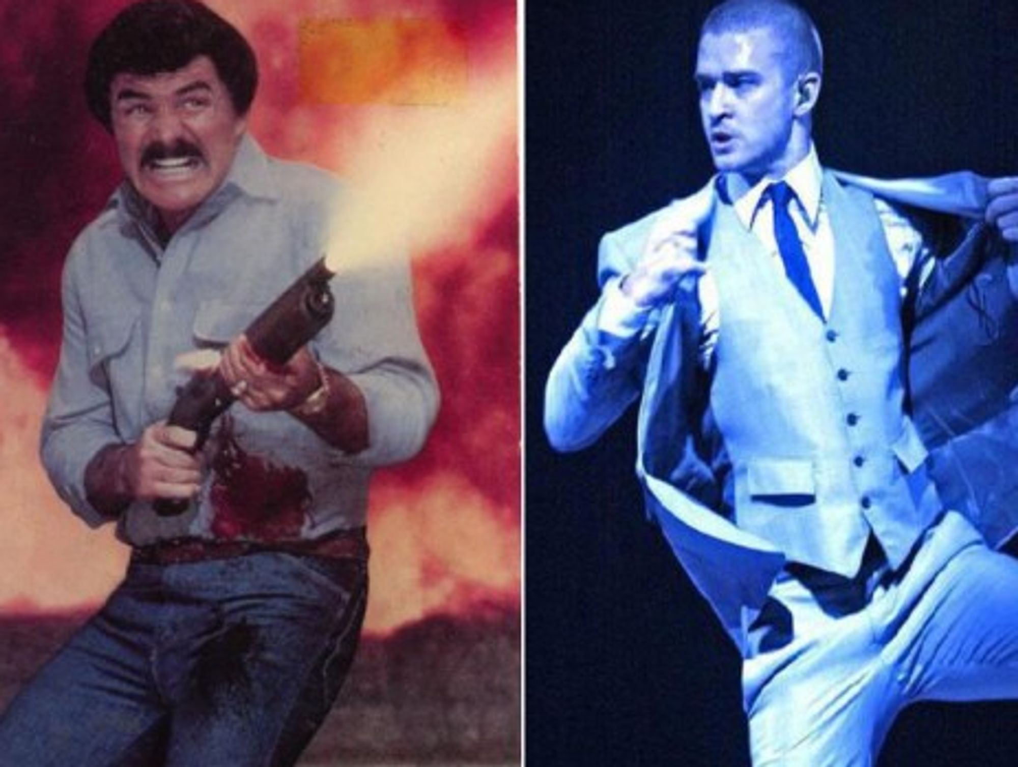 Classic macho men like Burt Reynolds (left) are losing ground to more carefully-coiffed modern guys like Justin Timberlake