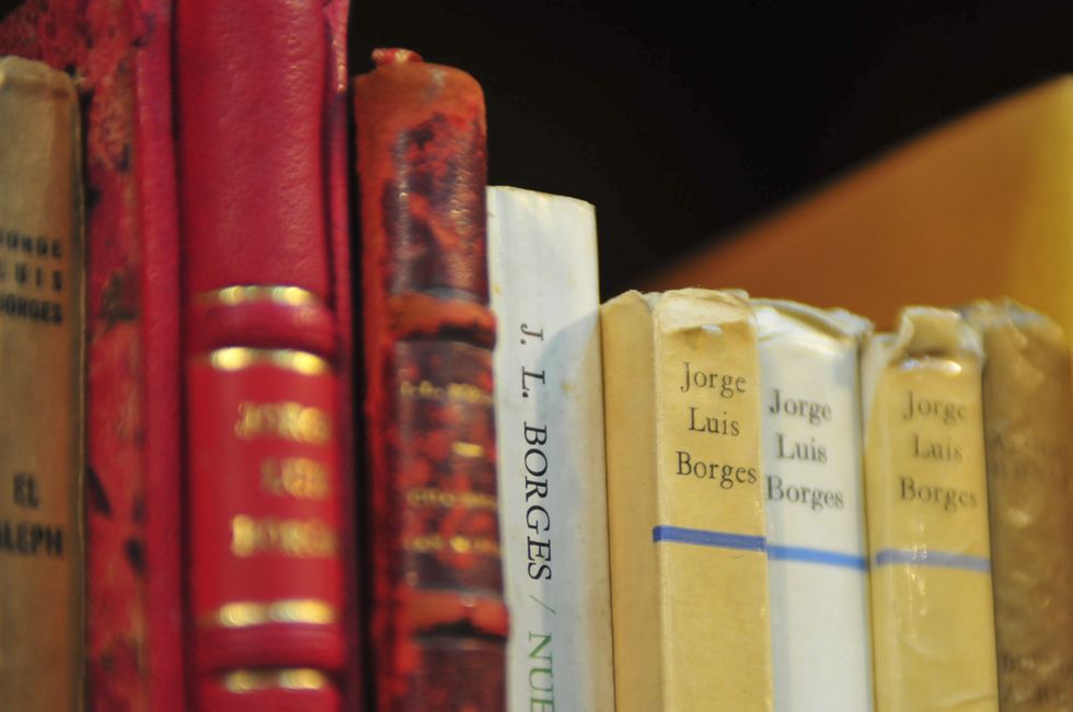 Close up image of books showing the name Jorge Luis Borges in a bookstore in Buenos Aires, Argentina.