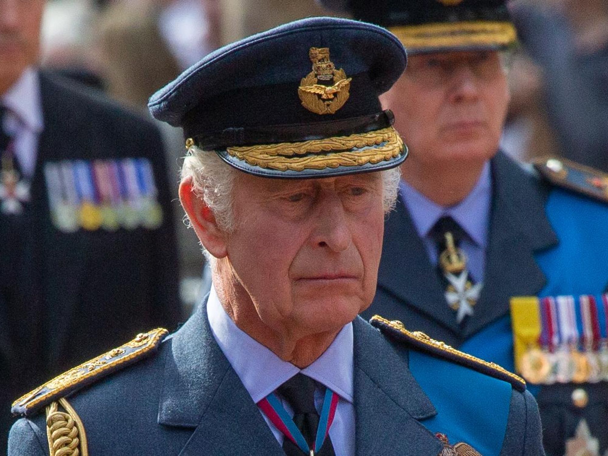 Closeup photo of King Charles III during the​ ceremonial procession from Buckingham Palace to Westminster Hall on Sept. 14