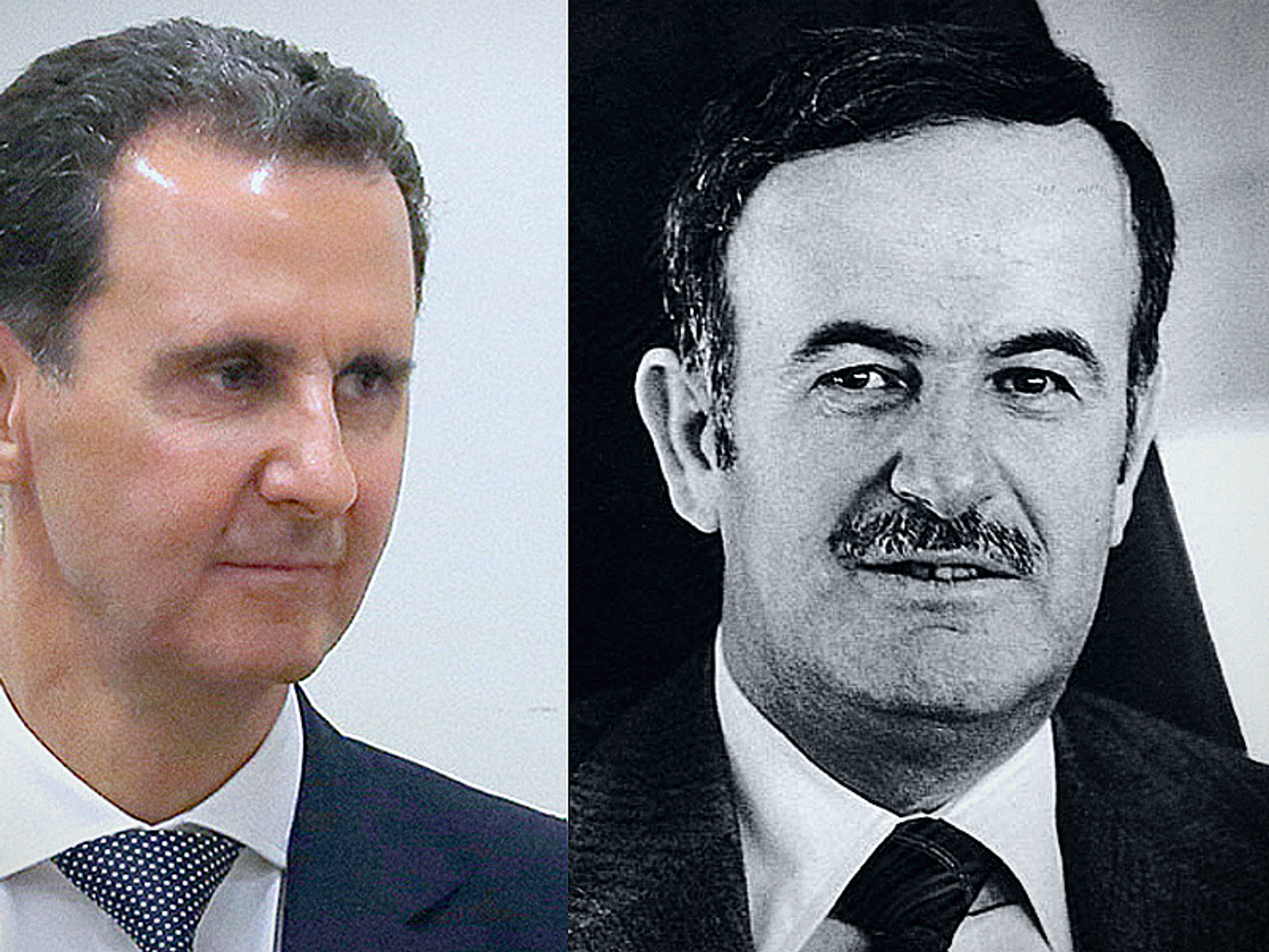 Collage of two photos: left is Bashar al Assad, right is his father Hafez al-Assad in