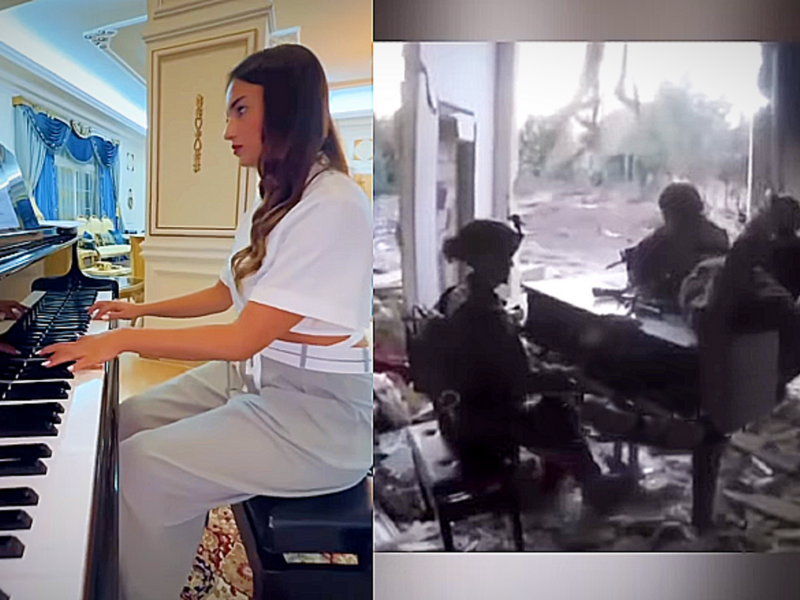 Collage of two photos: Left: Pianist Julia Alli playing the piano in her Lebanon home in 2023​. Rigght: Israeli soldiers at the same piano in fall 2024