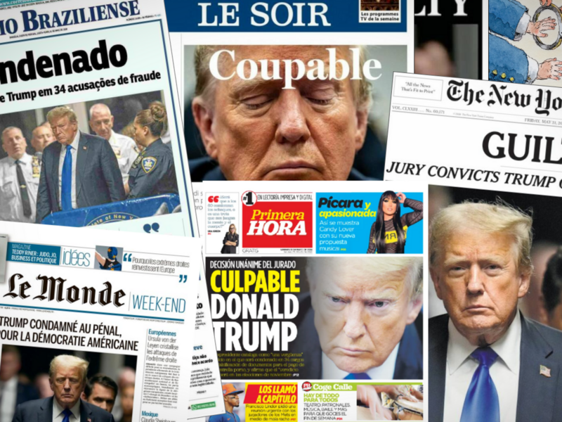 Collection of newspaper with ex-President Donald Trump's face on the front.