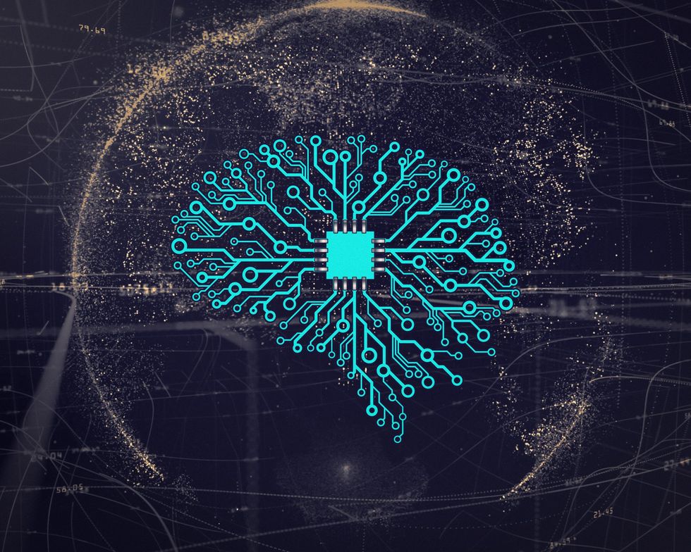 Computer wiring in the shape of a brain on a background representing the global network