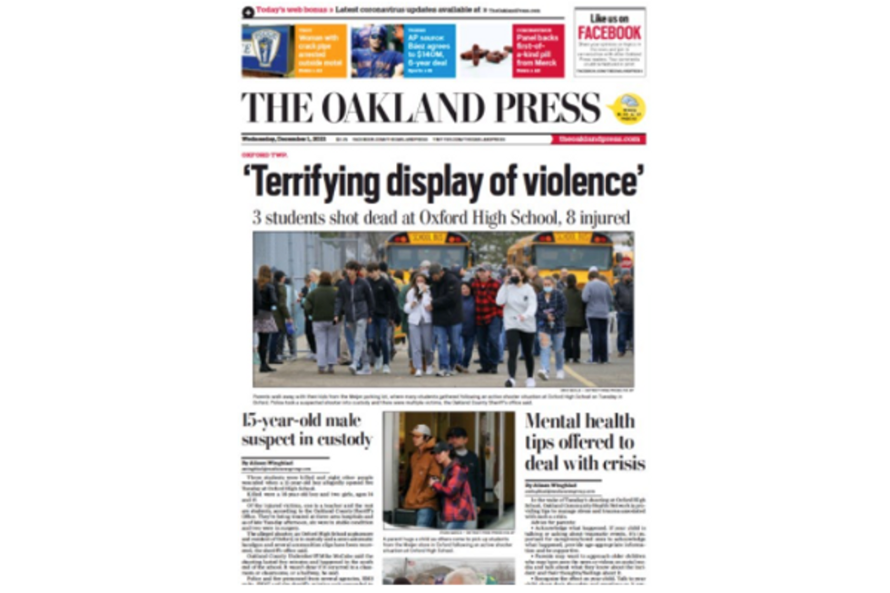 Dec. 1 front page of the Oakland Press newspaper reading "Terrifying display of violence" in wake of the school shooting that left three students dead and eight injured in Oxford, Michigan