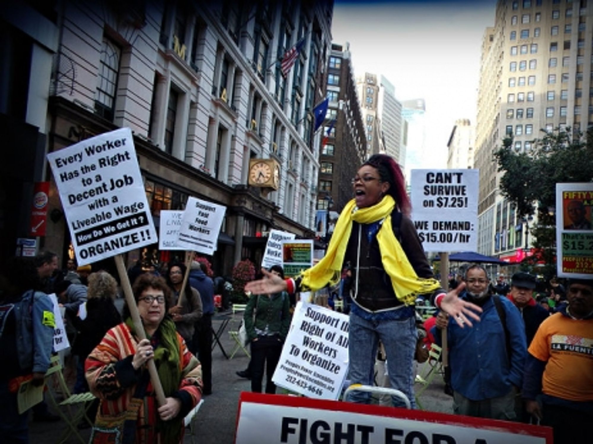 Demonstrating in NYC for a raise in the minimum wage.