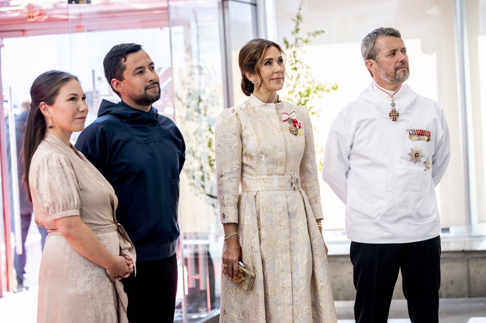 Denmark King Frederick X and Queen Mary (right) and Greenlandic head of government Múte Bourup Egede, and his partner, Sara Biilmann Egede (left)
