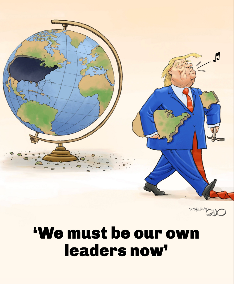 Depicting a fractured world as the United States, symbolized by Donald Trump, withdraws—calling for self-leadership in uncertain times.