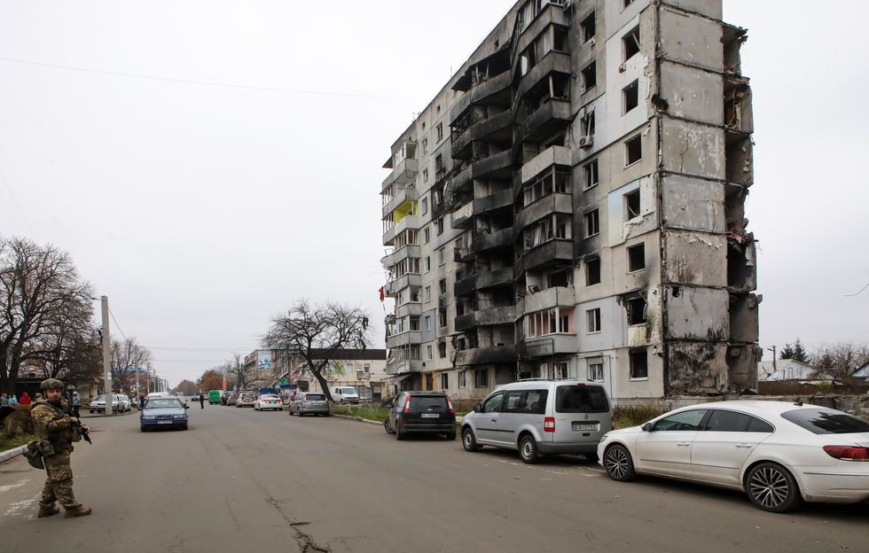 Destroyed apartment building in Kyiv