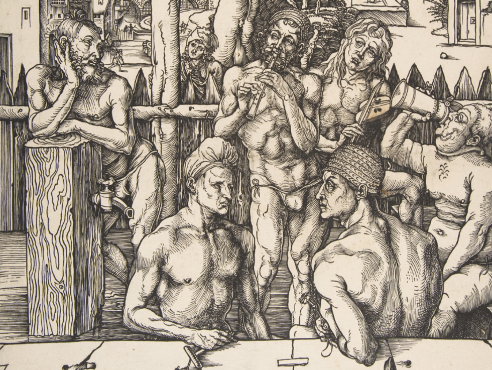 Detail of Albrecht Dürer's "The Men's Bath", woodcut print depicting half naked men