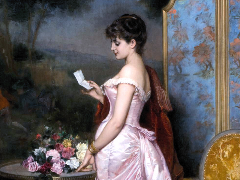 Detail of French painter Auguste Toulmouche's work "The Love Letter" (1883), showing a woman wearing a pink dress reading a letter